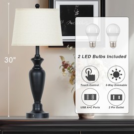 Cinyirong 30" Tall Table Lamps Set of 2, Touch Control Bedside Lamp with USB A+C Ports and AC Outlet, 3-Way Dimmable Modern Metal Nightstand Lamp for Bedroom Living Room, 2 LED Bulbs Included, Black