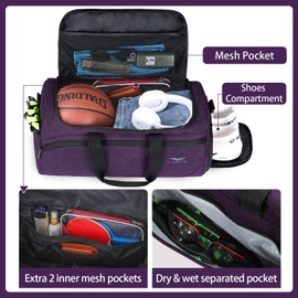 FIORETTO 35L Mens Sports Gym Bag with Wet Pocket & Shoe Compartment,Travel Duffle Bag Overnight Bag with Padded Shoulder Strap, Water-Resistant Sports Holdall for Swimming, Basketball Dark Purple