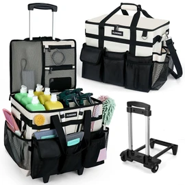Large Rolling Cleaning Caddy Bag with Wheels, with Detachable Trolley, Cleaning Bags on Wheels for Housekeepers, Cleaning Cart Supplies Organizer for Home, Car, Picnic (Beige)