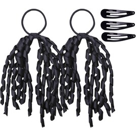 Basic Sense 2PCS Spiral Streamer Elastics and Hair Snap Clips - Plain & Gingham for Girls, Black