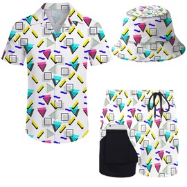 Wdpsuxin Mens 2 Piece Tracksuit Hawaiian Button Down Shirt and Compression Liner Shorts Sets with Bucket Hats, Retro 80s 90s Graphics1520, Small