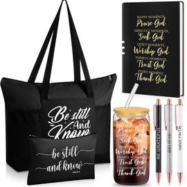 Shinylin 7 Pcs Christian Gift Set for Women Inspirational Presents with Glass Cup, Tote Bag Makeup Bag Notebook Pen(Black)