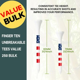 FINGER TEN Bamboo Golf Tees Wood 2 3/4 3 1/4 Inch Wooden Tee Color Bulk 250/500/1000/2000 Count for Men Women Kids (American Flag, 250 Count(2 3/4 Inch))