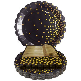 WYQJHKV Black and Gold Paper Plates and Napkins,7 Inch Black and Gold Scalloped Disposable Dessert Plates Paper Napkin Fork Party Supplies for Wedding Baby Shower Birthday(25 Guest)