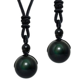 mookaitedecor Rainbow Obsidian Crystal Necklace Women Men Round Stone Bead Necklace, 2pcs Black Healing Crystal Bead Necklace Black Bead Necklace Jewellery Gift Semi Precious Stone Pendant Necklace