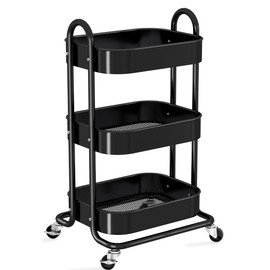 3 Tier Rolling Cart, Black Metal Utility Carts, Multifunctional Storage Cart with Lockable Wheels, Premium Art Cart with Handle, Sturdy Salon Cart Craft Cart for Teachers