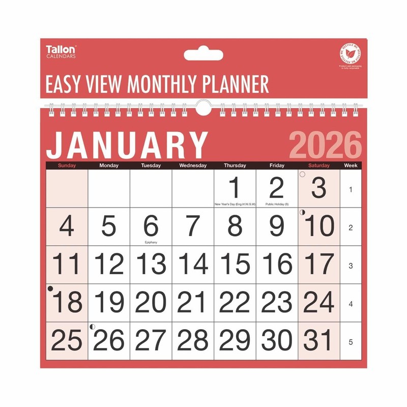 2026 Wall Calendar Easy View Month to View Red -