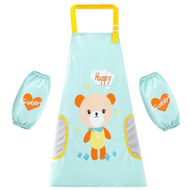LIMHOO 2-in-1 Kids Art Apron Set Waterproof Graffiti Painting Crafting Apron for Children with Wipe-Clean Coral Fleece Panels (Green Bear-M)
