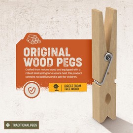 PORTENTUM Wooden Clothes Pegs, Pack of 100, Natural Colour. Perfect for Clotheslines, Crafts, and Home Use, Weather-Resistant, Long Lifespan, Eco-Friendly and Sustainable, Size 2.95x0.4x0.5 inches