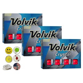 Volvik Crystal 3-Piece Premium Color Golf Balls 3 Dozen (Red Color 36 Balls) Bundle with 5 Ball Marker and 1 Magnet Hat Clip