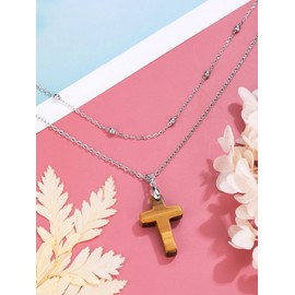 CrystalTears Tiger Eye Crystal Cross Necklace for Women Double Layered Beaded Necklace Gothic Healing Crystal Gemstone Cross Pendant Jewellery Gifts for Women Mum Birthday Christmas