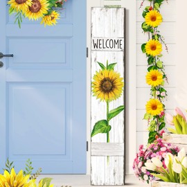 Chitidr Summer Sunflower Porch Sign Sunflower Wooden Welcome Sign for Front Porch Standing Vertical Rustic Decor with White Background for Farmhouse Door Decoration, 47" H