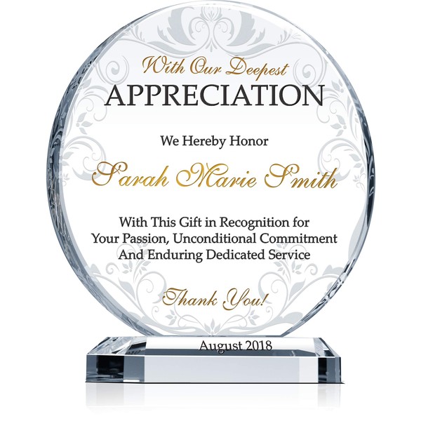 Personalized Crystal Appreciation Award Plaque, Customized with Recipient Name and