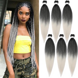 Pre-Stretched Braiding Hair ShowJarlly Easy Braid Professional Synthetic Fibre Crochet Borders 30 Inches 6 Packs/Lot Yaki Texture Braiding Hair Extensions Crochet Braiding Soft Braiding Hair 1B/Silver