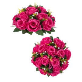 BLOSMON Hot Pink Flowers Artificial: 2 Pcs Fake Rose Balls Centerpiece for Wedding Table Decoration - Faux Silk Kissing Bouquet Floral Arrangement for Home Party Event Decor