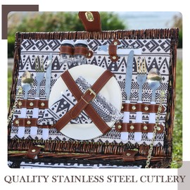 Neti Neti Wicker Picnic Basket for 2 Boho with Insulated Cooler & Waterproof Blanket – Large Willow Picnic Hamper for Outdoor, Camping, Beach, Romantic Dates, Valentine’s Day