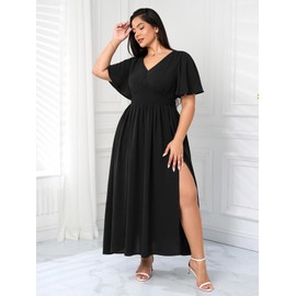 SCOMCHIC Women Plus Size Maxi Formal Dresses Wedding Guest Cocktail Short Sleeve V Neck Smocked Slit Long Flowy Dress Black