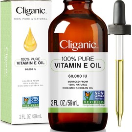 Cliganic 100% Pure Vitamin E Oil for Skin, Hair and Face - 60,000 IU (60 ml), Non-GMO Verified Natural D-Alpha Tocopherol