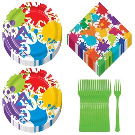 Art Party Supplies - Colorful Artist Paint Splatter Paper Dessert Plates, Lunch Napkins, and Forks (16 Plates & Napkins)