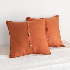 S VICTORY SYMBOL 100% Organic Linen Euro Shams Covers 26"x26" Set of 2 with Coconut Buttons Closure,Stone Washed Linen Caramel Pillow Covers,Square Pillow Cases for Bed Couch