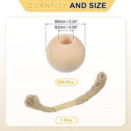 sourcing map 200Pcs Wooden Beads, 6mm/0.2inch Natural Color Ball Spacer Bead Unfinished Round Loose Beads for Crafts Making Party Decoration (2mm Hole)