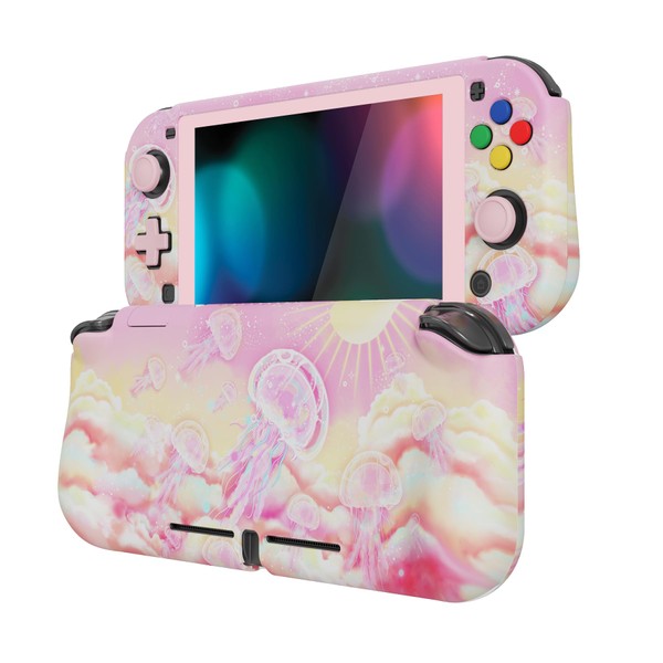 PlayVital ZealProtect Protective Case for Nintendo Switch Lite, Hard Shell Grip Cover for Nintendo Switch Lite w/Screen Protector & Thumb Grip Caps & Button Caps - Pinky Jellyfish Heaven