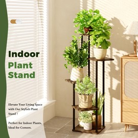 GENTINGBRO 5 Tiered Plant Stand Indoor Corner Plant Shelf for Multiple Plants for Patio Garden Balcony Living Room Bedroom, Tall Metal Flower Pots Stand Relaxing for Women Gift Brown Oak