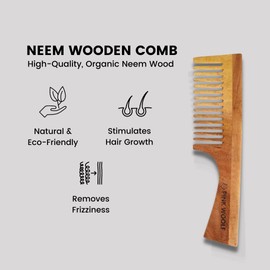 Pink Woolf Organic Neem Wood Hair Comb for Women & Men (WITH HANDLE) | Natural & Eco Friendly | Wide Tooth Comb, Anti-Bacterial Styling Comb for All Hair Types | Made in India