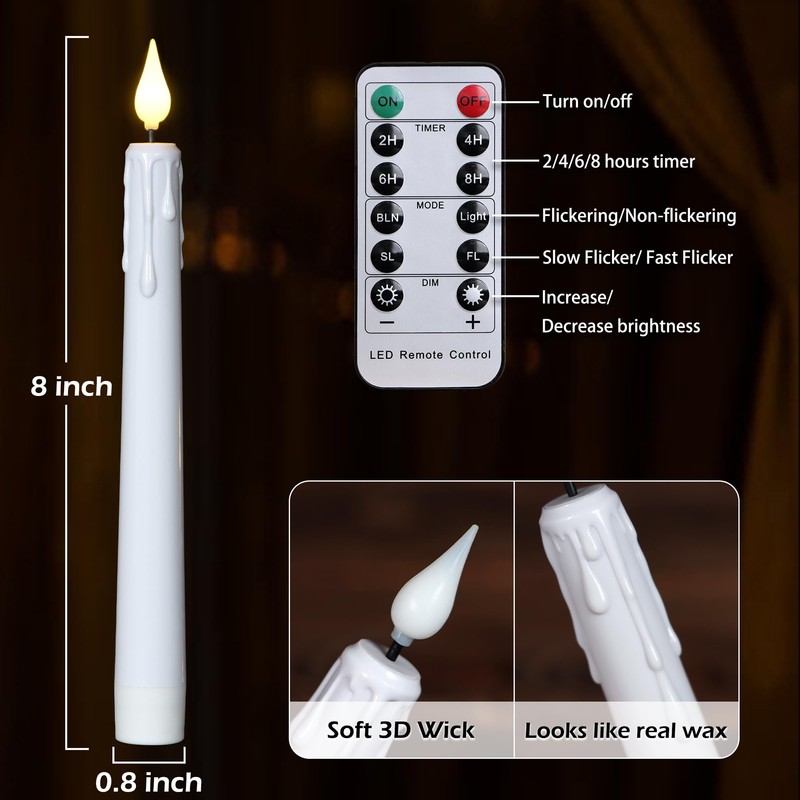 FREEPOWER 6PCS Rechargeable LED Flameless Taper Candles with Remote Timer,Battery