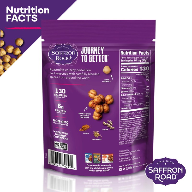Saffron Road Roasted Bombay Spice Crunchy Chickpeas | High-Protein, Vegan,
