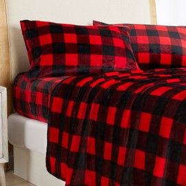 NY Loft Ultra Soft Micro Plush Velvet Sheet Set with Extra Deep Pockets | Super Warm Cozy Plaid Queen Sheet Set - Red/Black