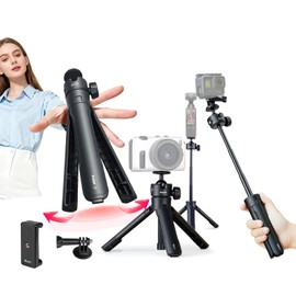 XILETU Quick Open Desktop Tripod, 3-tier Telescopic Tripod, Monopod, Selfie Stick, 3-in-1, 360° Rotating Head Mount, 1/4 Screw, GoPro Adapter, Smartphone Holder, Lightweight, Foldable, Vlog for Video