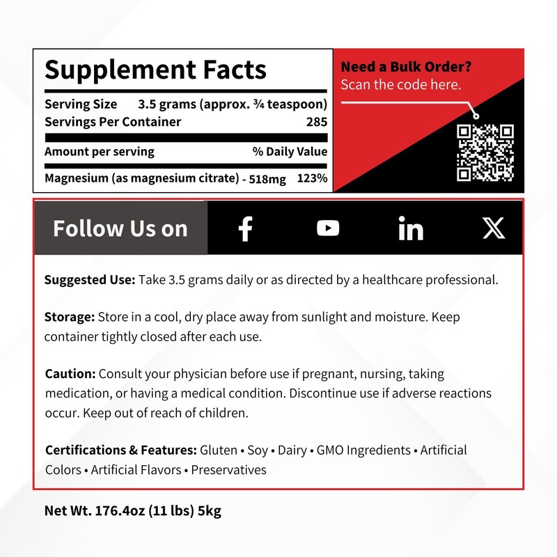 Magnesium Citrate Anhydrous Powder USP Grade - 5 kg (11