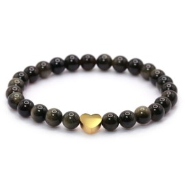 Echtes Goldobsidian Edelstein Armband mit 6mm Perlen und Edelstahlherz - verschiedene Längen - Heilstein Schutzstein Talisman Glücksbringer Geschenk (Goldobs., 14CM)