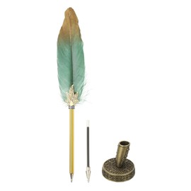 PATIKIL Feather Pen Quill, Feather Ballpoint Pen Bulk Refined Vintage Feather Calligraphy Pen with Bronze Pen Holder for Guest Signature Wedding Bridal Office Writing, Dark Green