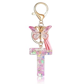 Fmeida Initial Letter Keychains for Women – Pink Key Ring with Tassel & Butterfly Charm, T
