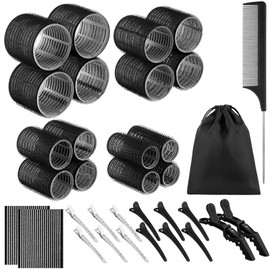34 Pcs Self Grip Hair Rollers Set, Black Hair Curlers 4 Sizes(1in, 1.4in, 1.9in, 2.4in) with Rat Tail Comb, Hair Rollers Curlers for Volume Long Medium Short Hair