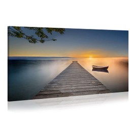 WALLSUP DECOR Pier Canvas Wall Art Painting - Lake Dock Sunset Scene Picture with Boat Landscape Bridge Boardwalk Calming Nature Artwork Painting for Home Hallway Living Room