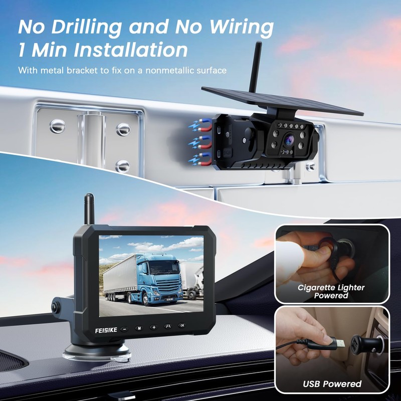 Magnetic Solar Wireless Backup Camera for Truck, 5 Inch No-Drill