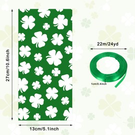 Whaline 160Pcs St. Patrick's Day Cellophane Treat Bags Shamrock Candy Cellophane Bag Plastic Goody Bags with Green Ribbon for Irish Holiday Party Favor Supplies Gift Packing Decoration, 5.1x10.6inch