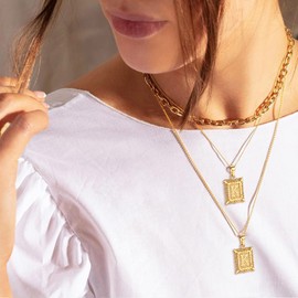 Bestyle Women's Men's Necklace with Copper Letters A-Z Initial Pendant, Width 2 mm Stainless Steel Square Pearl Necklace, Chain Length 50-55 cm, Gold | White, Stainless Steel