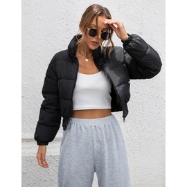 Gihuo Womens Cropped Quilted Puffer Jacket Lightweight Padded Coat Warm Puffy Coat Zip UP Bubble Coats with Pockets(Black-XL)