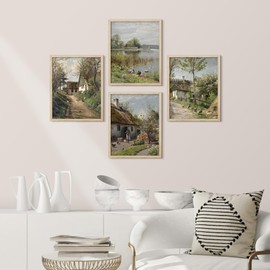 SIGNWIN Framed Poster Charming European Cottage Rustic Village Landscape Wilderness Nature Illustrations Decorative Country/Farmhouse Vintage for Living Room, Bedroom, Office - 12"x16"x 4 Natural