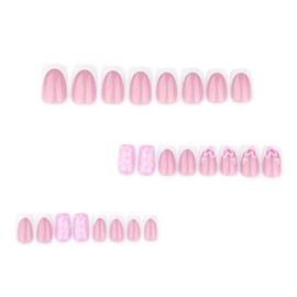 Medium Press on Square Fake Nails White French Tip False Nails Pink Acrylic with Design Flower Heart Glue on Cute Full Cover Stick on Nails for Women 24Pcs