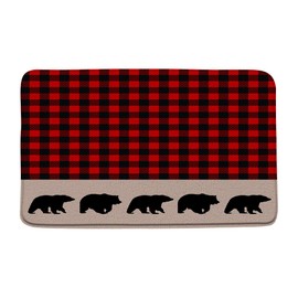 Bear Deer Plaid Bath Mat Red Black Buffalo Checks Bear Deel Elk Moose Abstract Mountain Tree Vintage Bathroom Decor Rug Absorbent Doormat Kitchen Toilet Floor Rug 24"x36"