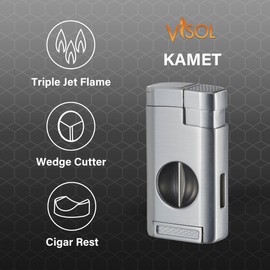 Visol Kamet Butane Torch Triple Flame Refillable Gas Lighter, Built-in Cutter, Fuel Window and Windproof Adjustable Flame - Silver (Shipped Without Butane)