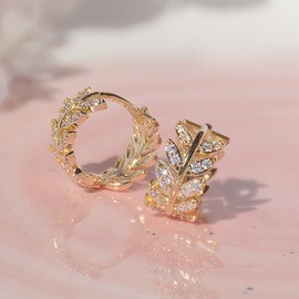 PROSTORY Moissanite Small Hoop Earrings D Color Lab Created Diamond Leaf Huggie Hoop Earrings 18K Gold Plated 925 Sterling Silver Earring Jewelry Gifts for Women (Gold)