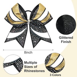 DEEKA 6 PCS Glitter Cheer Bows Rhinestone Large Stiff Competition Team Hair Bows Elastic Band Holder for Cheerleader Softball Football Girls (Black/Gold/White)