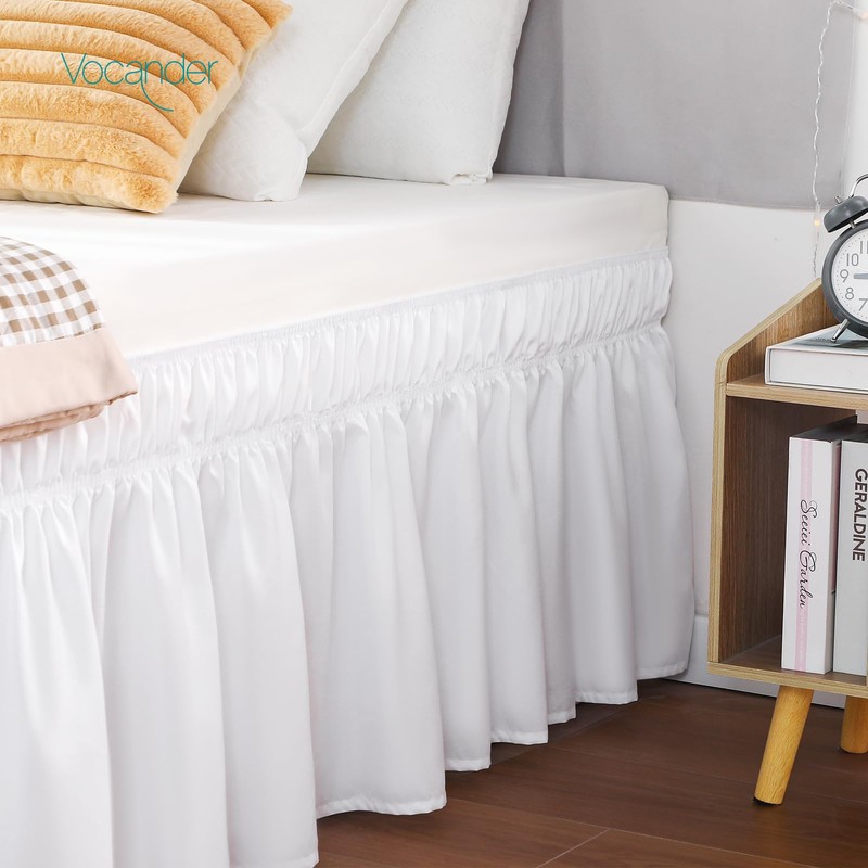 Vocander Double Bed Valance Sheet White, Bed Skirt Pleated Wrap