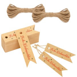 jijAcraft Christmas Gift Tags, Merry Christmas Kraft Paper Labels, Pack of 100 Merry Christmas Tags with String, for Christmas Decoration, Gifts Packaging